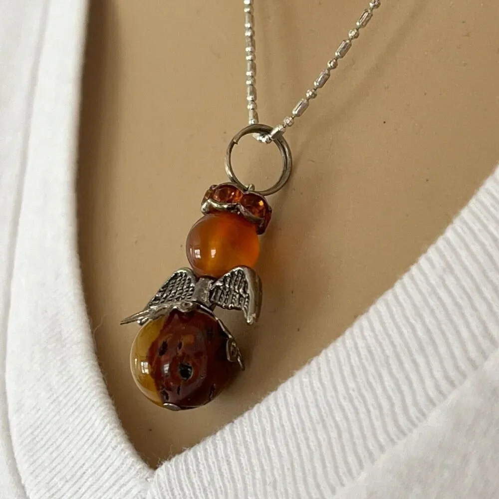 Angel Bead Charm Necklace 17in Silver Tone Ball & Bar Chain Amber Color